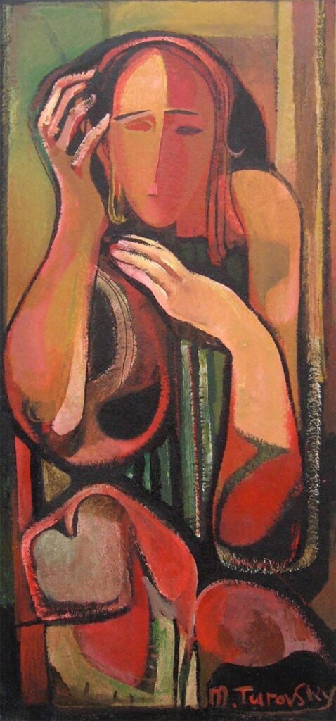 Distancing himself from reality he distorts typical forms to create finally, a very breathtaking human figure. Red and green hues set the frame, adding richness and texture to the piece.