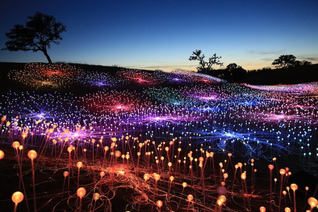 Another impressive light art installation is by Bruce Munro. Field of Light includes 60,000 solar-powered LED lights places across 15 acres in California