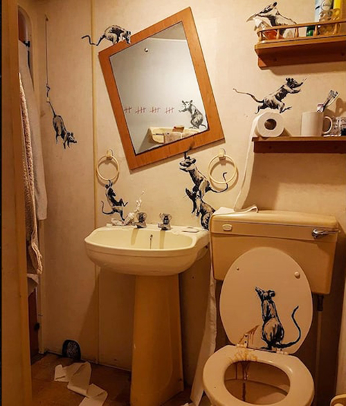 The new Banksy artwork is the second that the artist produces during the lockdown. The first featured images of rats wrecking disarray in his bathroom. He shared it on his Instagram account with the caption: "My wife hates it when I work from home."