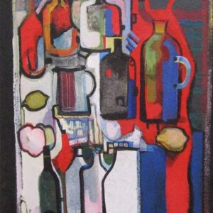 Still life with bottles, red blue and white by Mikhail Turovsky